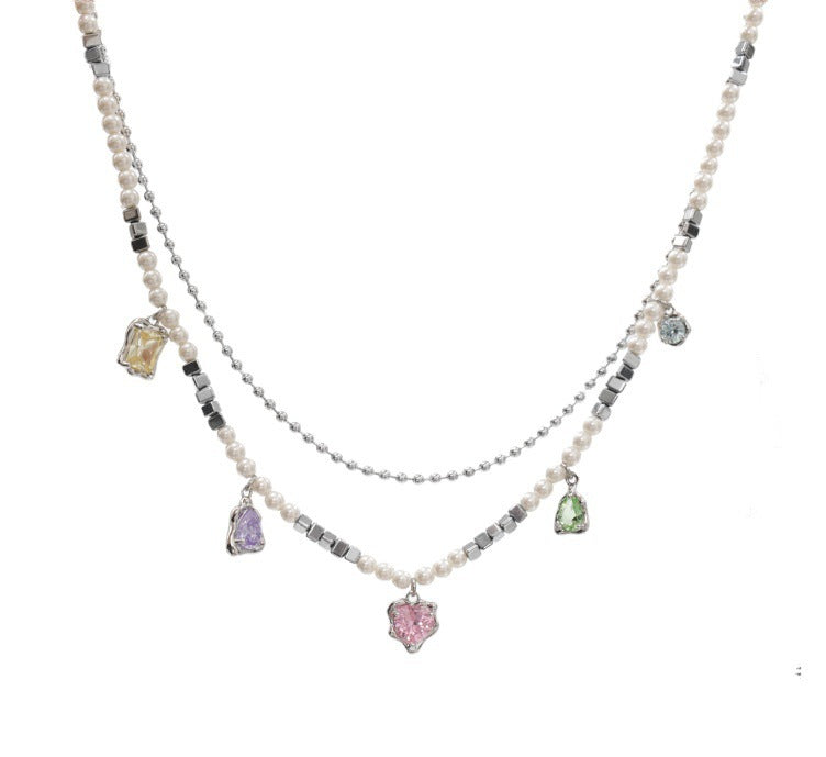 Wholesale Double Layer Pearl Heart Color Crystal Necklaces
